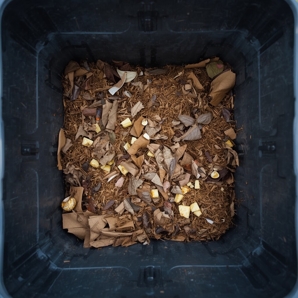 Mixing food scraps with cardboard inside the grey container